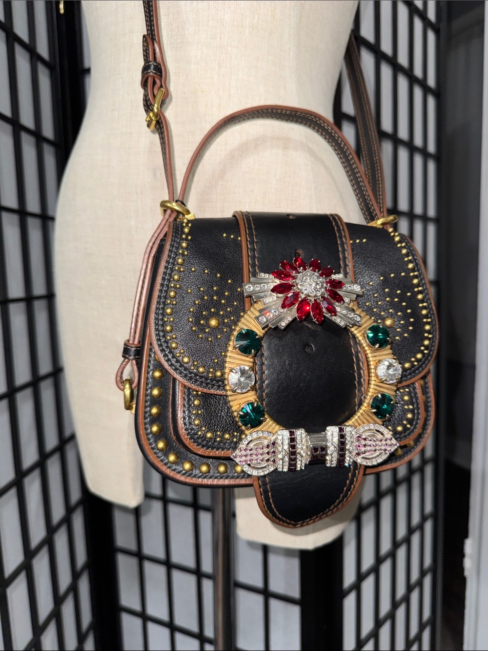 Miu Miu Rare Dahlia Madras Crystal Stud Crossbody/Shoulder Bag – Black Leather - Picture 14 of 16